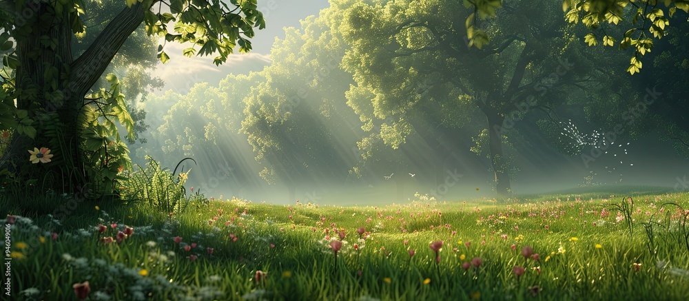 Poster lovely meadow with a blank banner for advertising. copy space image. place for adding text and desig