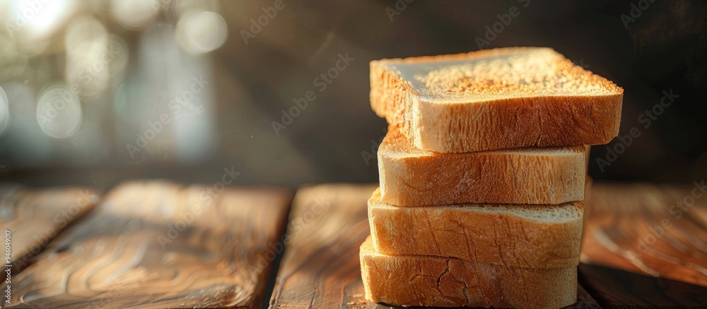Poster toast bread on a wooden table. copy space image. place for adding text and design