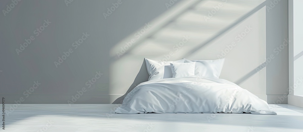 Poster hotel bed with fresh sheets and a pillow. copy space image. place for adding text and design