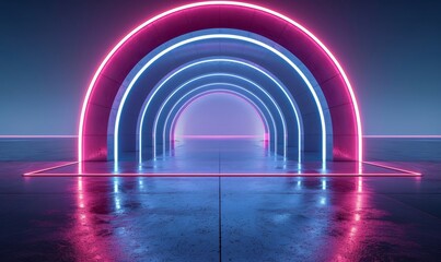 3d render of abstract futuristic arch architecture with neon light and empty concrete floor,...