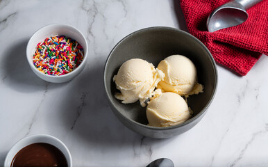 Vanilla Ice Cream in Bowl on Marble Countertop
