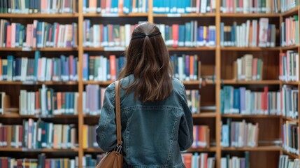 An adult browsing the library shelves, selecting books and journals that are relevant to their study topic