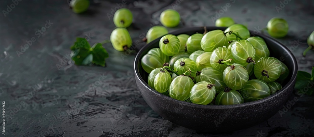 Poster fresh gooseberries in a bowl on a dark background. copy space image. place for adding text and desig
