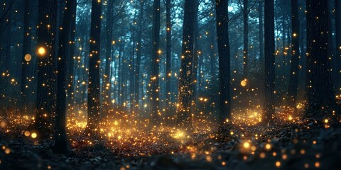 Golden lights in a dark forest.