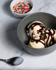 Vanilla Ice Cream in Bowl on Marble Countertop