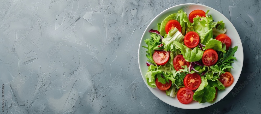Poster green salad with tomatoes and fresh vegetables in a white bowl on a grey background top view. copy s