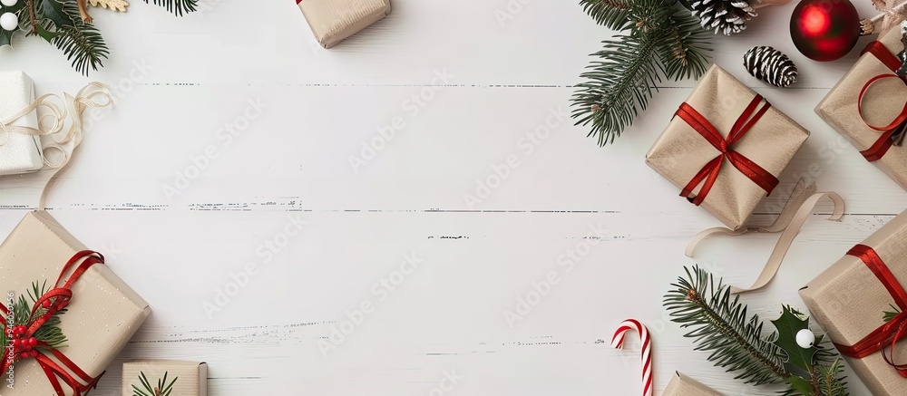 Poster flat lay top view christmas arrangement featuring gift boxes on a white wooden background. copy spac