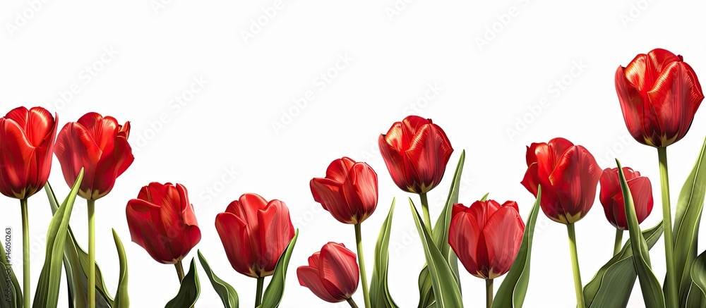Poster vivid red tulips on a white background. copy space image. place for adding text and design