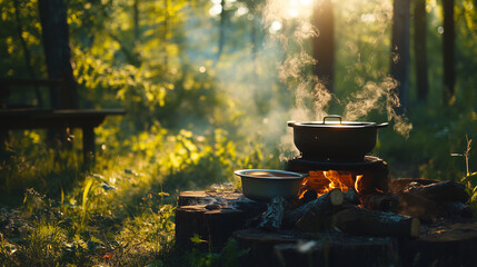Outdoor barbecue on wood. Cooking over a fire for a hike. Pot over fire outdoors. The romance of wild tourism and food in the camp. Nature hike at sunset. AI generation