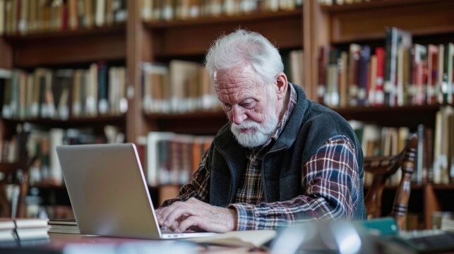 An older adult utilizing library resources, borrowing books and accessing online databases to support their studies