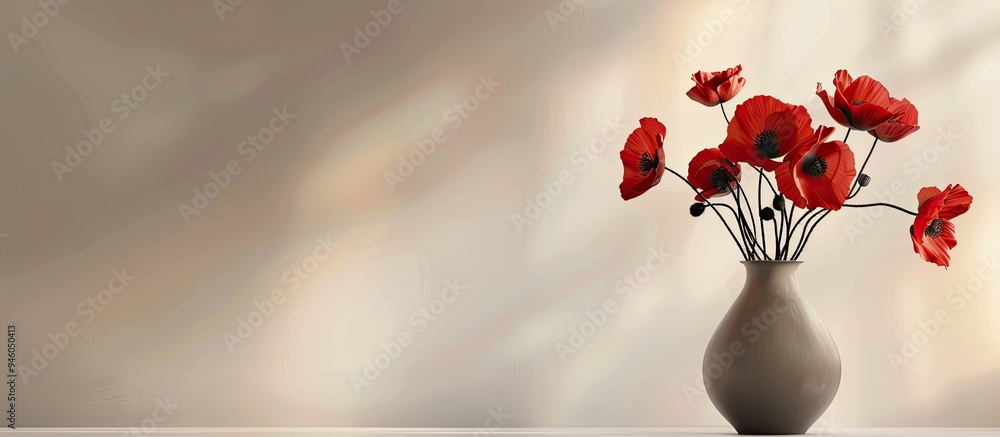 Poster vase with lovely red poppy flowers on a light background. copy space image. place for adding text an