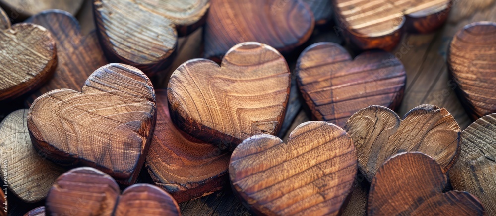 Poster background of wooden hearts. copy space image. place for adding text and design