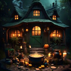Charming Night-Time Cottage Scene with Glowing Candles