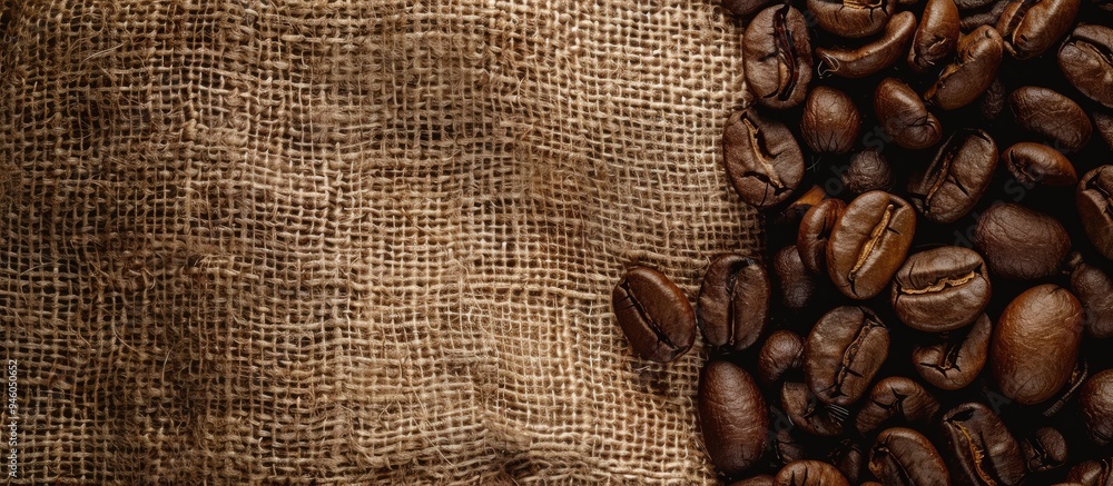 Poster coffee beans on coarse burlap. copy space image. place for adding text and design