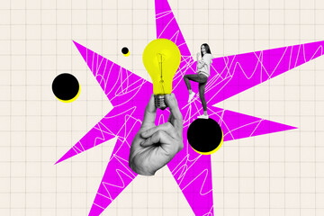 Composite photo collage of happy business girl find idea development light hand hold bulb thought...