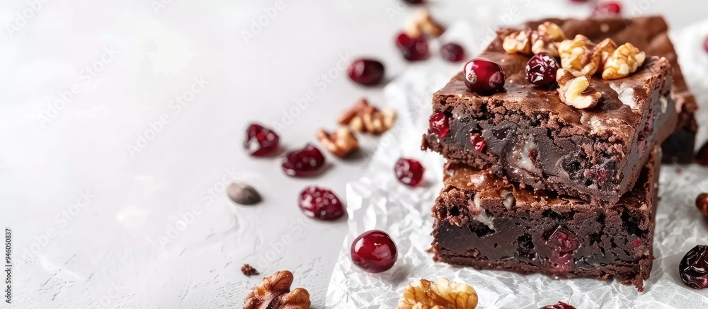 Poster homemade chocolate brownies with dried cranberries and walnuts on a white background. copy space ima