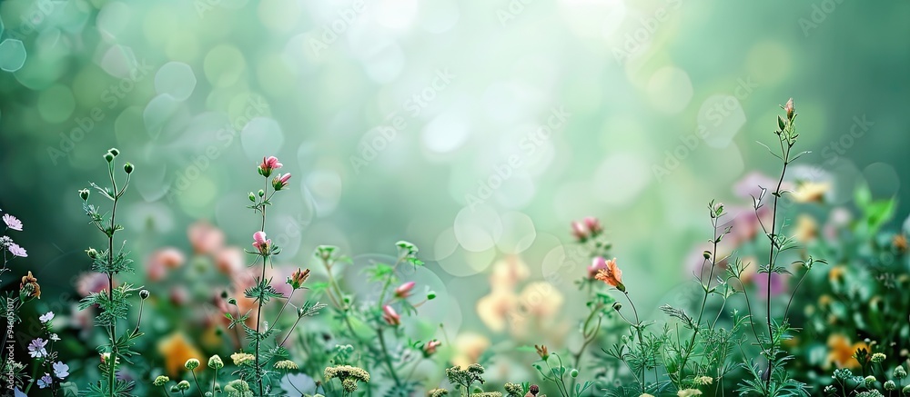 Poster design of fresh wildflowers floral abstract backdrop in green. copy space image. place for adding te