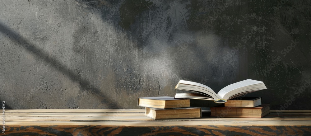 Poster open book and a stack of hardback books on a wooden table back to school copyspace