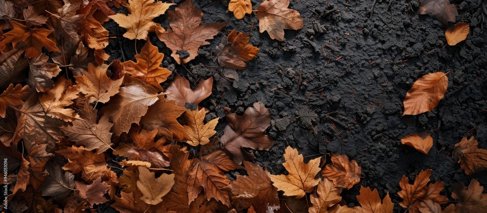 Poster fall at your feet a point of view study of autumn leaves on the ground. copy space image. place for 