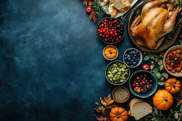 Thanksgiving Dinner Spread with Roasted Turkey and Fall Produce
