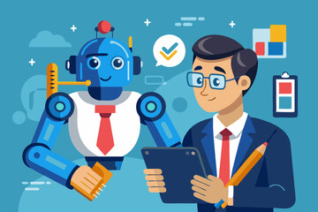 AI Artificial Intelligence work with human, robot or automation to help success, robot to replace human employment, job uncertainty concept, frustrated businessman working with pencil with AI robot

