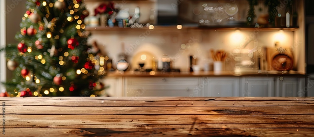 Poster wooden tabletop with a blurred kitchen featuring a christmas tree ideal background for displaying or