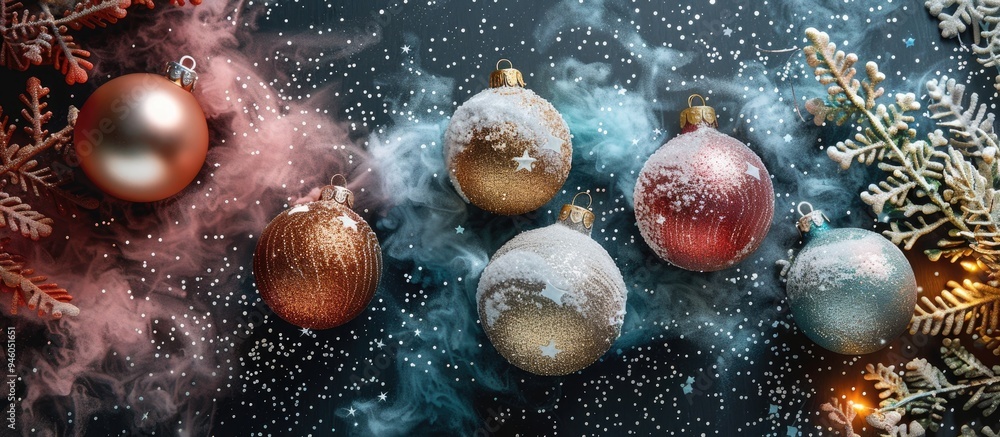 Aufkleber collage of christmas backgrounds tree ornaments and balls on a powdery backdrop merry christmas and 