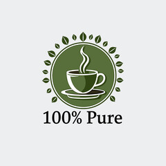 A steaming cup of coffee is centered within a circular design, surrounded by coffee beans and green leaves, emphasizing its natural and organic qualities.