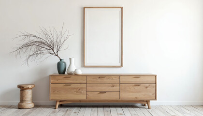 Wooden dresser and empty poster on white wall. Vase with branch and rustic stool. Interior design of Scandinavian living room