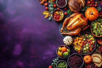 Thanksgiving Dinner Table Setting with Roasted Turkey and Side Dishes