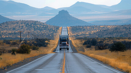 The truck is driving along a highway against the backdrop of a beautiful desert and mountain landscape. Background for design. Cargo transportation concept.
