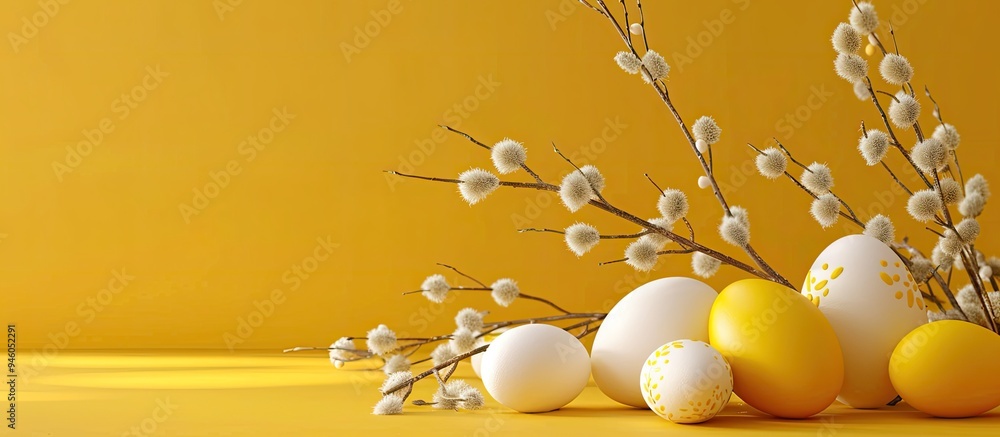Poster yellow and white easter eggs on a yellow backdrop alongside a bouquet of willows. copy space image. 
