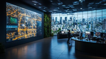 Modern Control Room with City Skyline and Data Displays