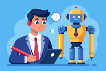 AI Artificial Intelligence work with human, robot or automation to help success, robot to replace human employment, job uncertainty concept, frustrated businessman working with pencil with AI robot
