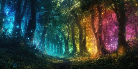 Enchanted forest path with glowing light.