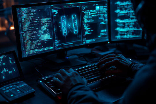 A hacker in a dark room, typing on a keyboard with multiple screens displaying codes, malware, and a countdown timer, showing the urgency of cybersecurity defense