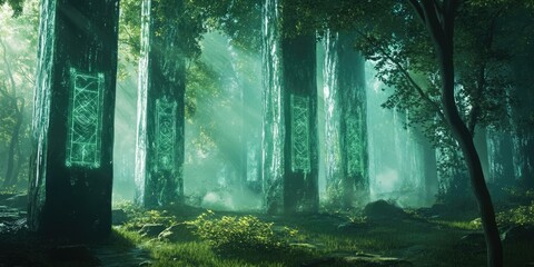 Fototapeta premium Mysterious glowing runes on trees in a misty forest.