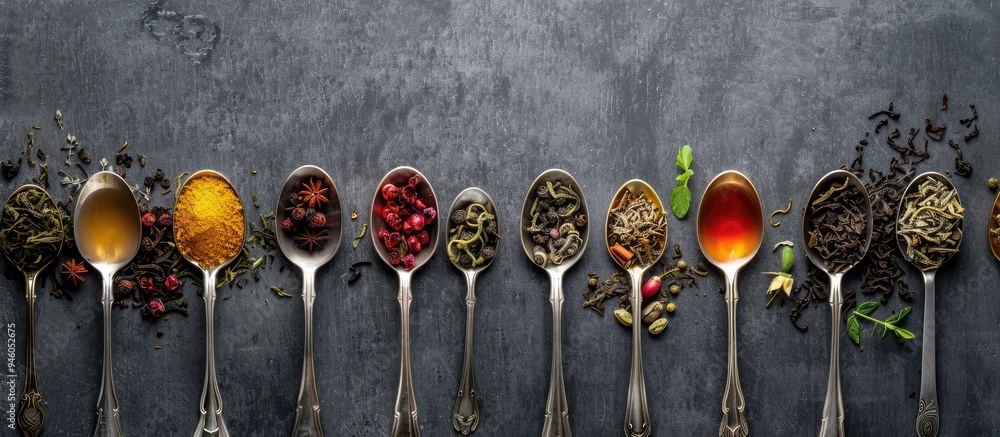 Aufkleber various types of tea in spoons on a gray stone surface. copy space image. place for adding text and 