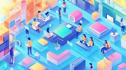 Diverse Group of People Studying in a Library with Books and Technology