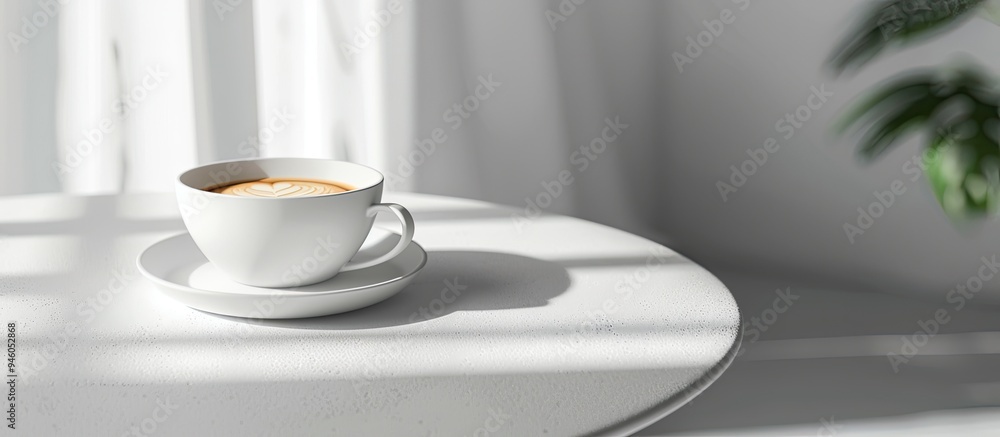 Poster white coffee cup on a circular table used as a template. copy space image. place for adding text and