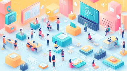 Fototapeta premium Isometric Illustration of People Working Together in a Modern Office