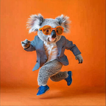 Funky colorful Koala dressed in suit in funny look, with orange sunglasses and blue shoes dancing on an orange background like a studio shoot