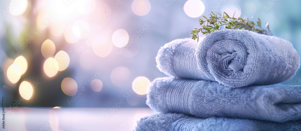 Poster stack of clean soft towels with a blurred background. copy space image. place for adding text and de