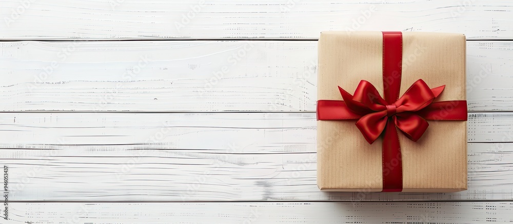 Poster gift box and ribbon displayed on a white wooden table. copy space image. place for adding text and d