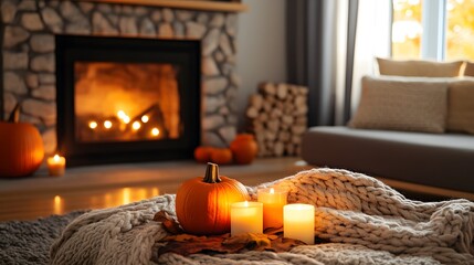 Fototapeta premium 32 Warm autumn living room fireplace crackling wood throw blanket pumpkins candles soft lighting