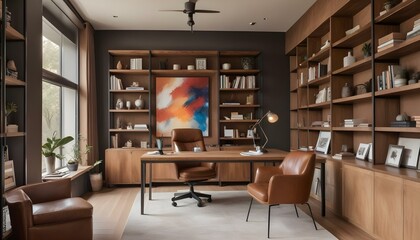 A modern home office with a wooden desk, leather chair, and shelving units on the walls. The room has a warm, cozy atmosphere with a large abstract painting on the wall