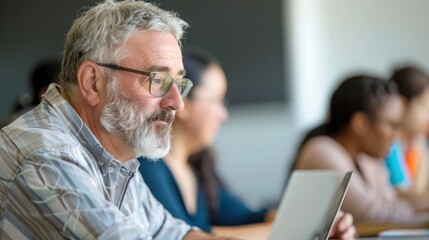 Fototapeta premium A middle-aged adult participating in a professional development course, engaging with course material and applying it to their current job