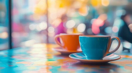 Fototapeta premium Colorful Coffee Cups on Table with Bokeh Background