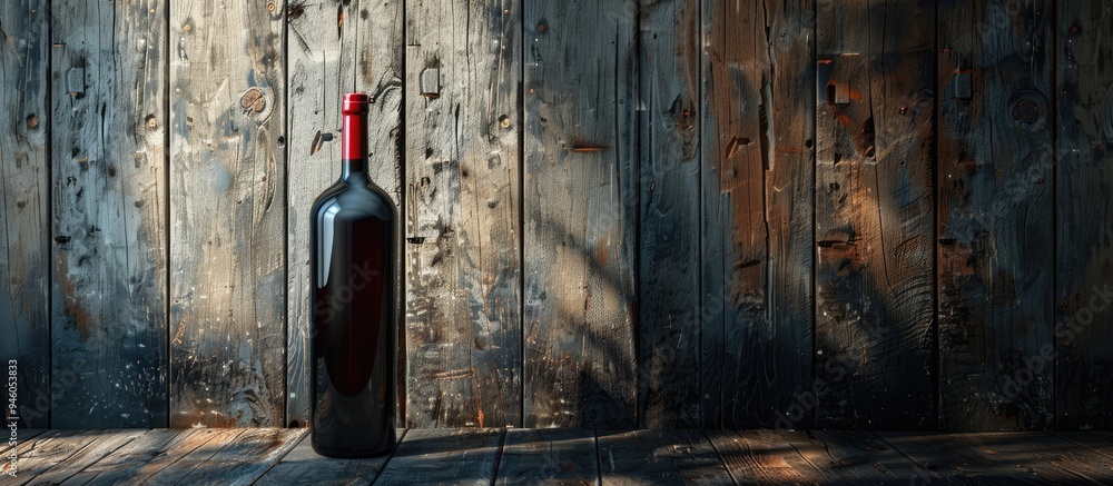 Aufkleber embellished wine bottle on wooden backdrop. copy space image. place for adding text and design