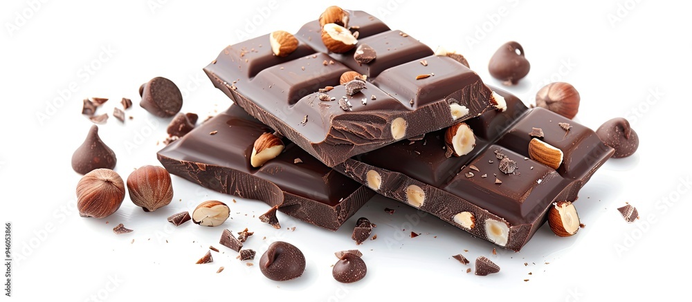 Poster milk chocolate pieces with hazelnuts isolated on a white background. copy space image. place for add